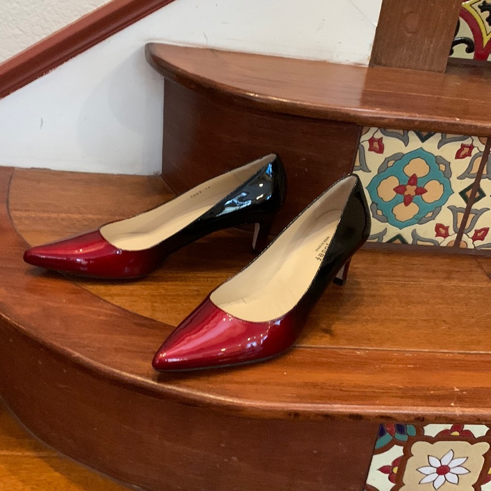 Jon Josef red and black patent pumps